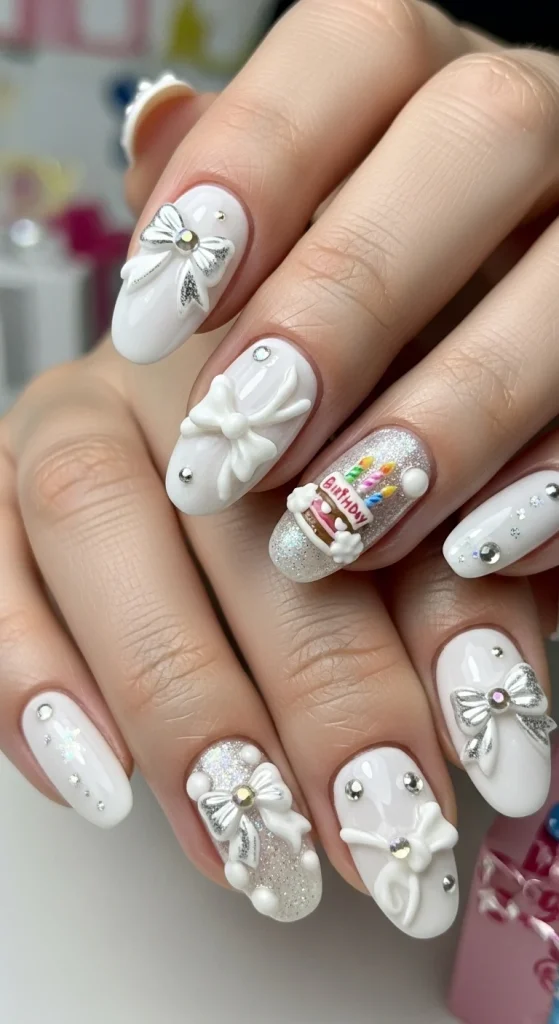 Glossy White Nails with Depth birthday