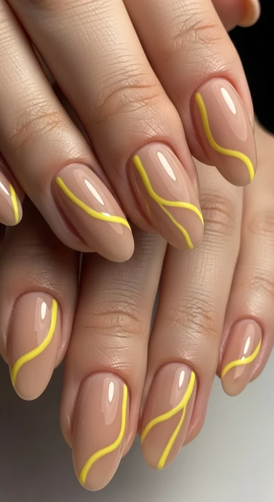 Minimal Yellow Lines on Nude Nails