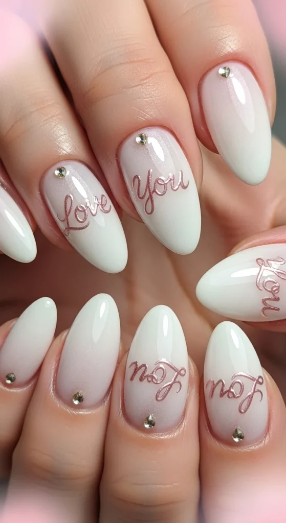 Soft White Love Script Nails
