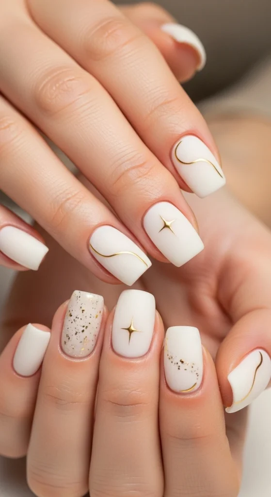 Soft White Nails with Gold Touches